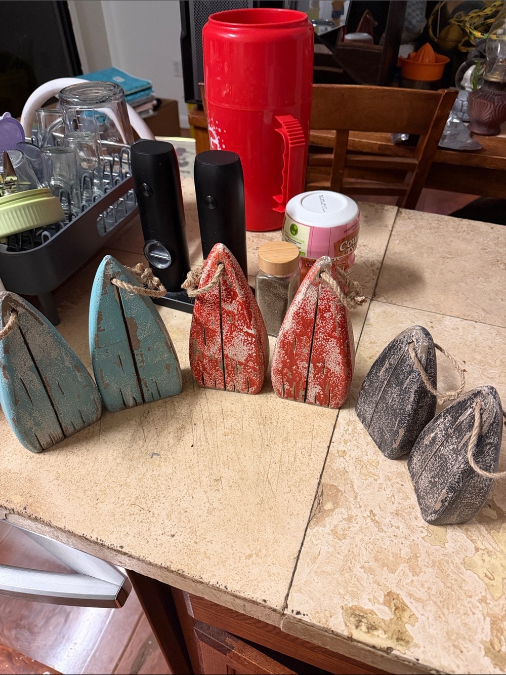 Set of Rustic Wooden Boat Ornaments in Teal, Red & Gray
